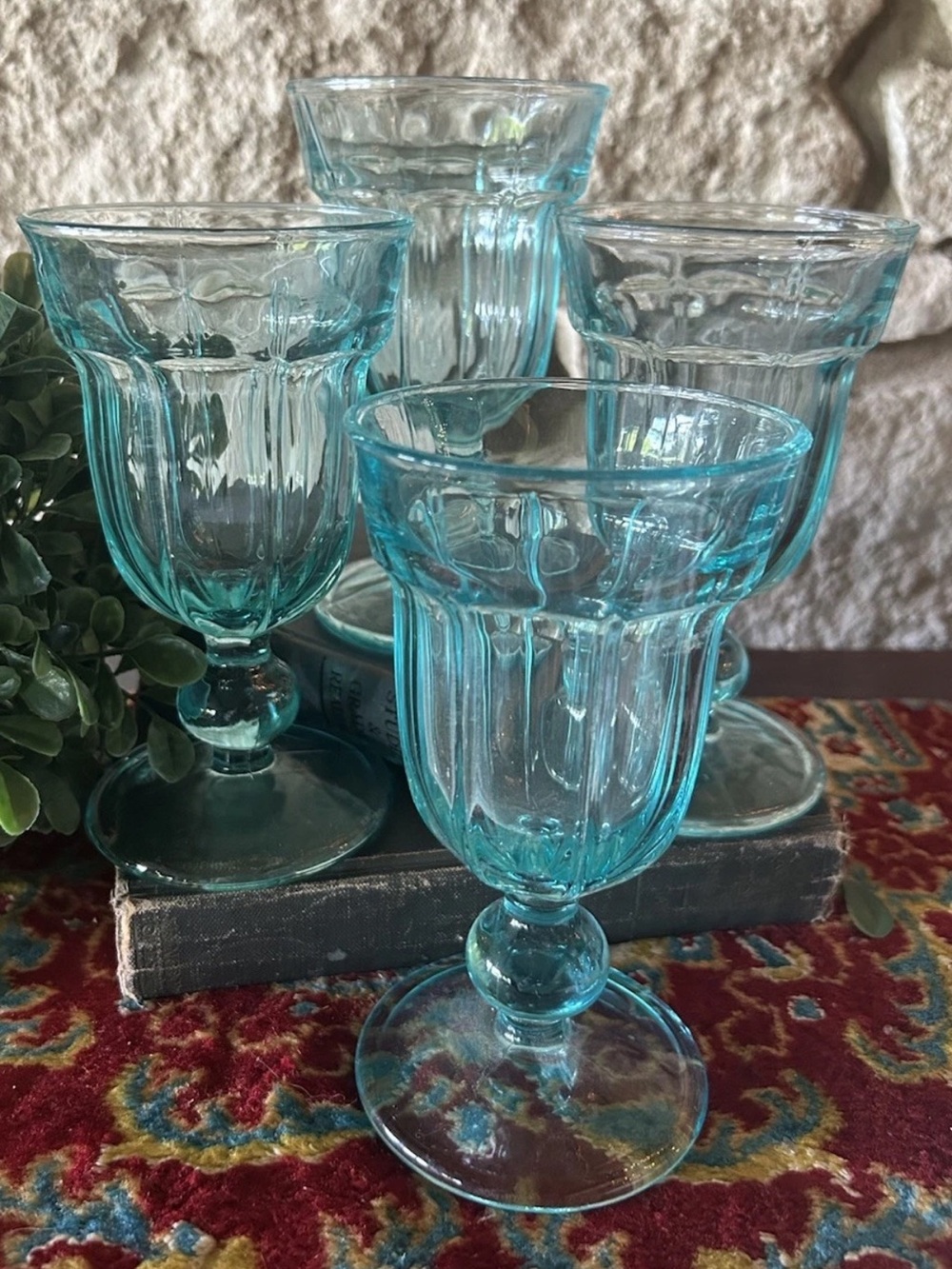 4 vintage Noritake Aqua Blue Provincial wine water ice tea goblets Japan.